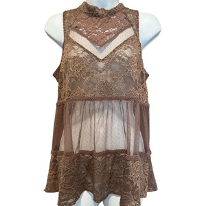 Sexy Blusa Elegante de Encaje Cuello Simulado Sin Mangas Marrón Malla Semi Transparente - Imagen 1 de 8