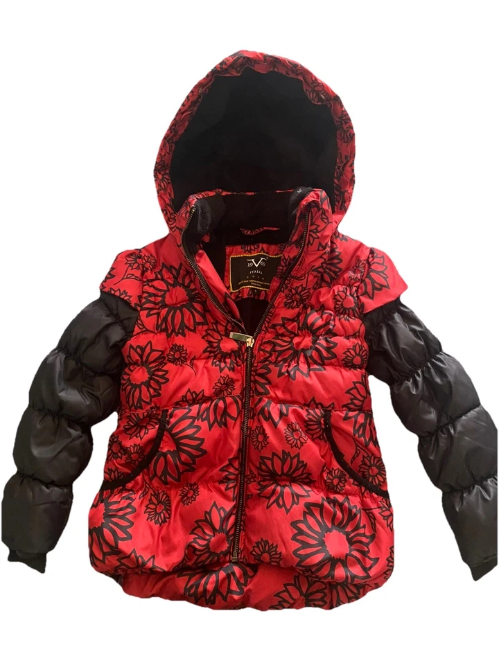 VERSACE, Girls, Red & Black Floral Puffer Jacket, Sz 5/6. - Image 1 of 4