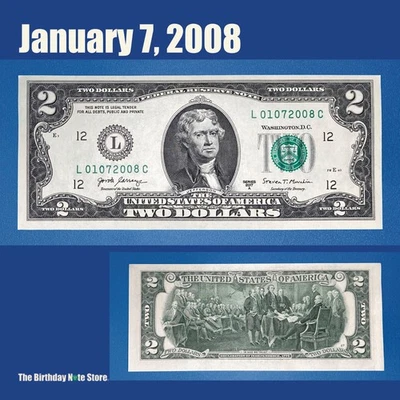 January 7, 2008 Birthday Anniversary $2 Two Dollar Bill Serial Number 01072008 - Image 1 of 2