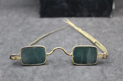 ANTIQUE BLUE GREEN GLASS BRASS RARE SLIDING ARM EXTENDABLE SUNGLASSES - Image 1 of 4