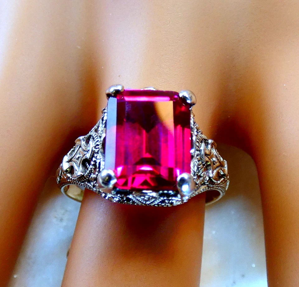 5 CT  Lab Created Ruby  Sterling Silver Ring Size 7.5 Victorian Style - Image 1 of 1