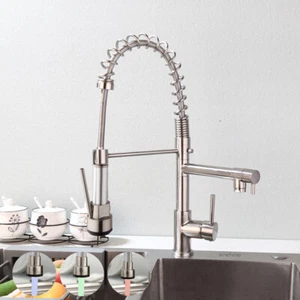 LED Nickel Brushed Kitchen 360° Swivel 2 Spout Faucet Pull Down Spray Mixer Taps - Picture 1 of 8