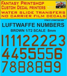 German  Luftwaffe  Numbers  BROWN  DECALS TRANSFERS 8mm  FPNCF-LFWN72001BR  1/72 - Picture 1 of 4