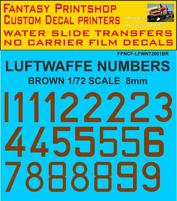 German  Luftwaffe  Numbers  BROWN  DECALS TRANSFERS 8mm  FPNCF-LFWN72001BR  1/72 - Image 1 of 4