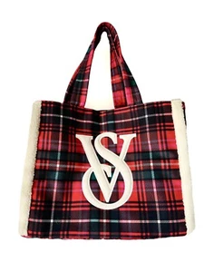 Victoria's Secret Christmas Tote Bag Sherpa Limited Ed Tartan Plaid Holiday - Picture 1 of 6
