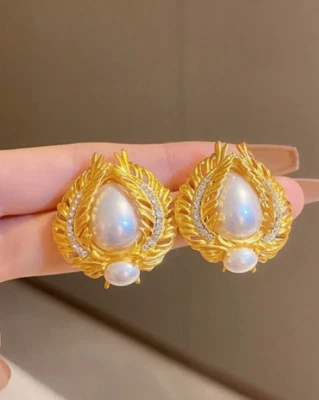 Серьги-клипсы с большим жемчугом в винтажном стиле - Изображение 1 из 4