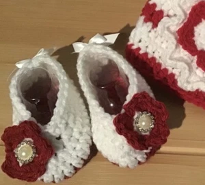 White & Red Hand Crochet Baby Booties, Size 6-9 Months, Gift Packaging Included - Picture 1 of 7