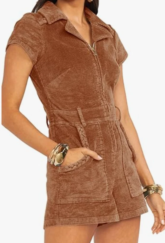 全新 Jeanewpole1 女式短袖拉链灯芯绒连身裤 尺寸 M — 第 1/1 张图片