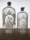 Two Vintage Frosted Etched Glass Apothecary Bottles Jars Cork Metal Top Stoppers