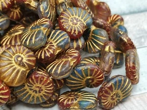 5 Tschechische Glasmuschel Ammonit Schnecke Perlen - Blau, Burgunder & Gold - 17 x 13 mm - Bild 1 von 5