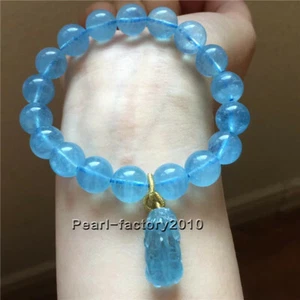 Natural Blue Aquamarine Stretch Carved Beads Bracelet AAAA 11mm - Picture 1 of 8