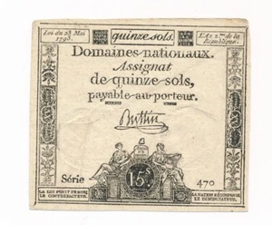 France Domaines Nationaux 15 Sols 1793 P. A69b; VF/+ Note - Picture 1 of 2