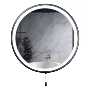 Matt Black Bathroom Mirror Round Battery Operated Pull Switch Integrated LED - Picture 1 of 4