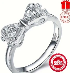 Elegant 925 Sterling Silver Studded Zirconia Bow Knot Ring - Picture 1 of 1