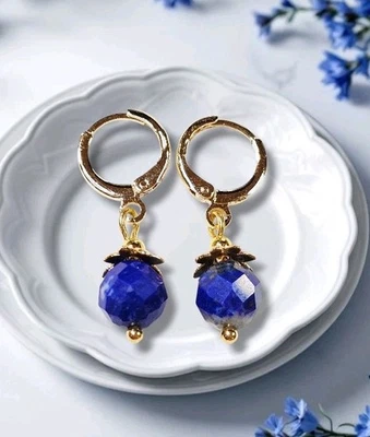 Джинсовые серьги с лазуритом золотые обручи граненые драгоценные камни минималистский подарок - Изображение 1 из 3