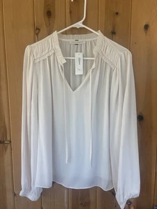 Pookie And Sebastian Bluse mit geteiltem Ausschnitt und Faltendetail Creme Langarm Neu mit Etikett Größe M - Bild 1 von 6