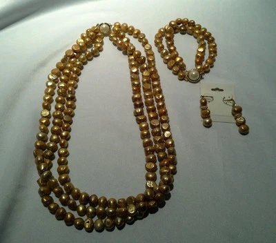 Faux biwa Golden pearl necklace earrings bracelet set gold over silver  - Image 1 of 4