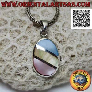 Ciondolo in argento 925‰ ovale con tre fasce oblique di madreperla multicolor a - Foto 1 di 5