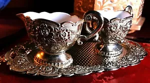 Vintage small Silver Metal Tray with 2 sauce/dip/spice dishes ceramic insides - Picture 1 of 11