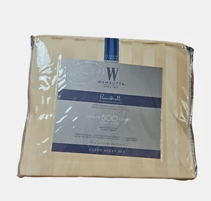 Wamsutta 500 Thread Count Queen Sheet Set Pima Cotton Honey Damask Stripes NWT - Picture 1 of 6
