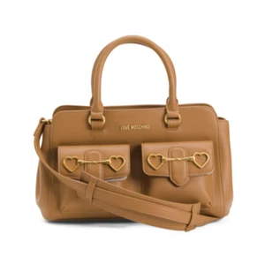 NWT LOVE MOSCHINO Heartbit Grab Bag HandBag Brown Pockets PU Hearts Crossbody - Picture 1 of 13