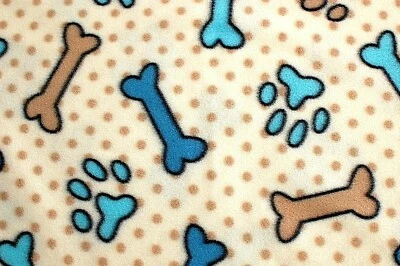 BTY*DOG OR CAT PAW PRINTS, BONES & POLKA DOTS ON BEIGE FLEECE FABRIC 1 YD 60X36" - Image 1 of 3