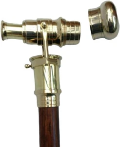 Victorian Telescope Brass Head Handle 3 Fold Vintage Wooden Walking Stick Cane - Picture 1 of 12