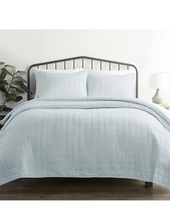 Linen Market Square Pattern Quilted Coverlet Set, Twin, Pale Blue - Picture 1 of 7