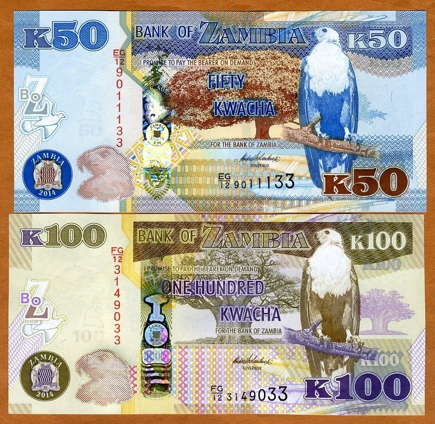 SET Zambia, 50;100 Kwacha, 2014, P-53-54-Nuevo, UNC Buffalo, Leopardo Foto 1 de 2
