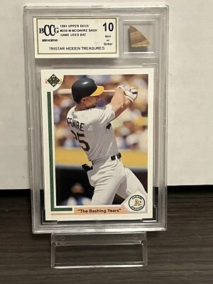 ¡Rara tarjeta Mark MCGWIRE CLASIFICADA 10! PIEZA DE MURCIÉLAGO USADA EN EL JUEGO... ¡Auténtica! CUBIERTA SUPERIOR Foto 1 de 3