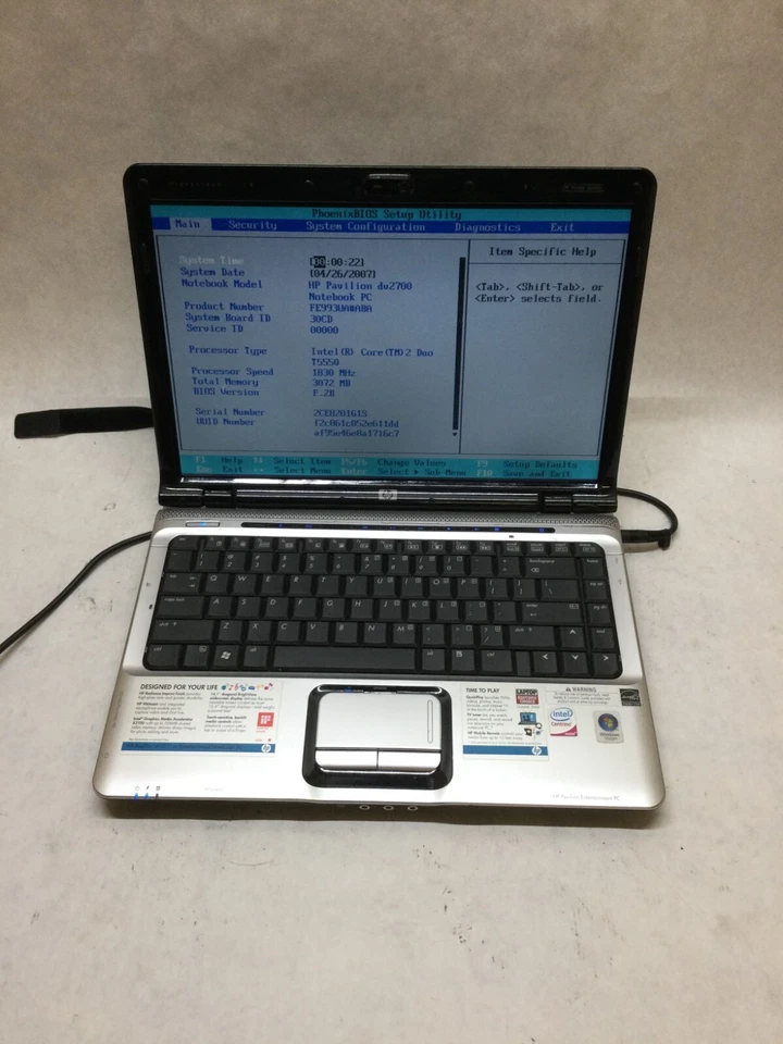 HP Pavilion DV2700 14.1" Notebook Core 2 Duo 1.83GHz 3GB RAM NO HDD NO OS -- DW- - Image 1 of 4