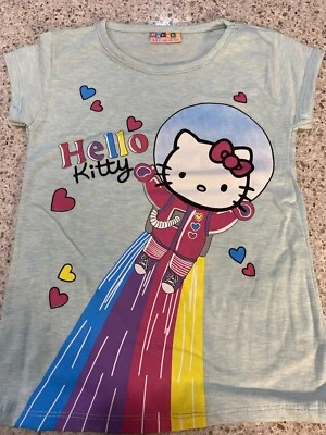 Hello Kitty Girl T-Shirt Top  Sz 5 Blue Pink Cotton Short Sleeve - Image 1 of 4