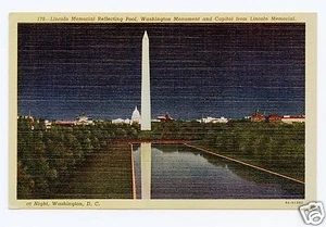 Lincoln Memorial Reflecting Pool, Washington Monument and Capitol Night Postcard - Imagen 1 de 2