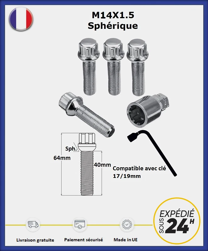 BIMECC Vis antivol de roues M14X1.5 assise sphérique filetage 40mm