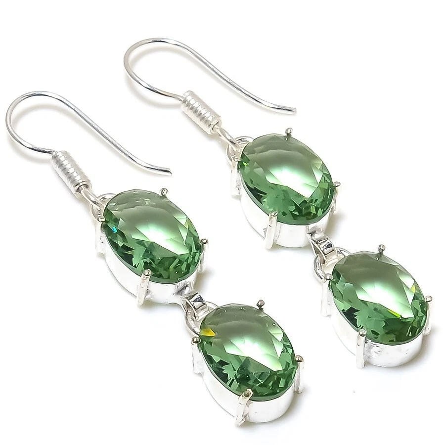 Green Amethyst Gemstone 925 Sterling Silver Handmade Jewelry Earring Size 2.25" - Image 1 of 1