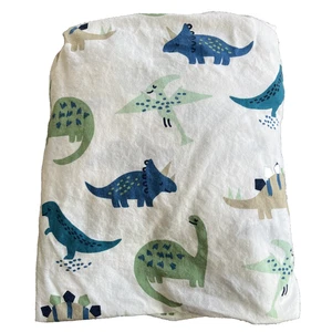 Land of Nod Crib Sheet Dinosaur Print Cotton Fitted White Blue Green - Picture 1 of 4