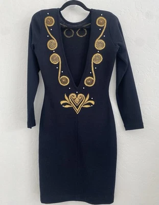 Fusion vintage 80s dress women Sz P black/Gold embroidery Knit Evening Night Out - Image 1 of 4