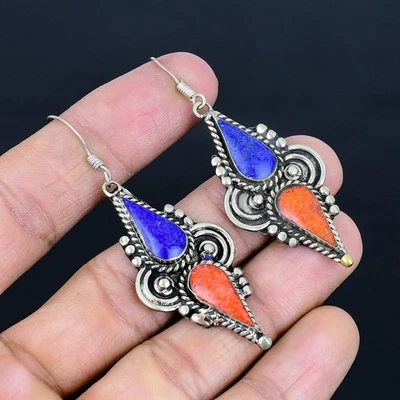 Orecchino vintage boho argento sterling 925 fatto a mano corallo rosso... - Immagine 1 di 4