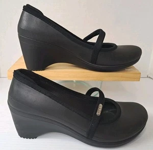 CROCS Womens Size 9 Slip On Casual Shoes Black Wedge Pumps Heel 2” Strap Comfort - Picture 1 of 13