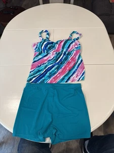 Costume da bagno Kim Gravel per tutti i pantaloncini bici tankini collo scoop righe arcobaleno taglia 12 - Foto 1 di 12