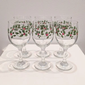 6er Set Vintage Libbey Holly and Berries Weihnachten Weingläser  - Bild 1 von 2