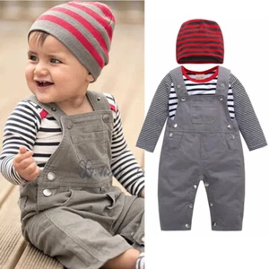 Toddler Kids Baby Boys Outfit Striped Romper Tops +Suspender Pants +Hat Set - Picture 1 of 12
