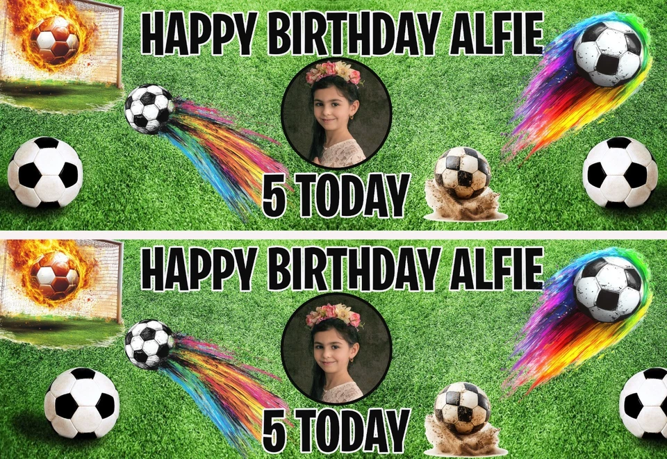 Personalised Football Birthday Banner x2 Photo Pitch Goal Party - Image 1 of 1