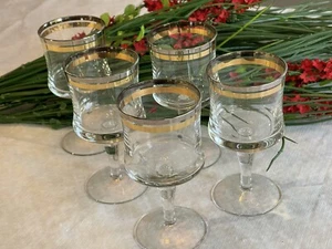 Vintage Set Of 5 Cordial Stemmed Double Ring Silver Gold Rim Glasses MCM - Picture 1 of 7
