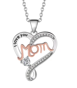 Mom I Love You Heart Pendant 925 Sterling Silver CZ Necklace Mother's Gift PE58 - Picture 1 of 6