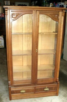 ANTIQUE VICTORIAN WALNUT & BURL DOUBLE DOOR BOOKCASE W/ DRAWERS In BASE + KEY - Image 1 of 4