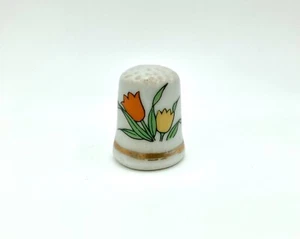 Vintage Bone China Thimble - Yellow Orange Tulip Flowers - Gold Plate Stripe - Picture 1 of 5