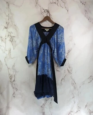 Vestido Anthropologie Mujer XS 2 Azul Estampado Seda Corbata Mini Moulinette Soeurs Kimono Foto 1 de 4