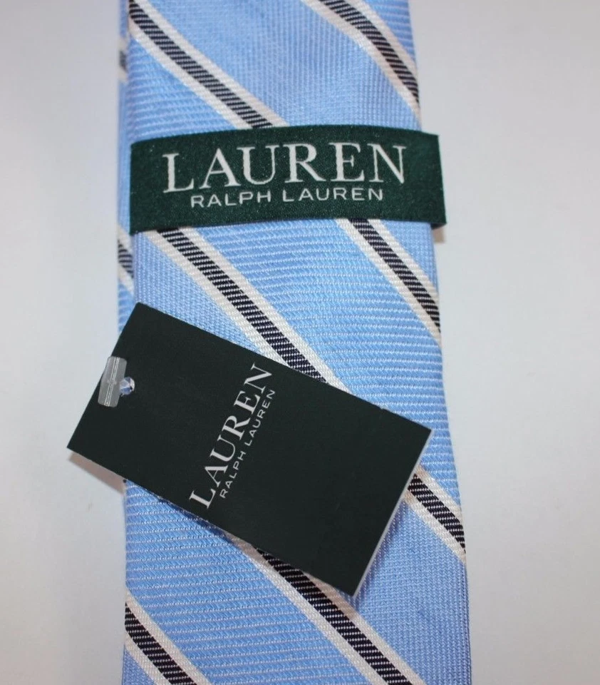 NUEVA CORBATA RALPH LAUREN para hombre a rayas azul claro negra seda/lino clásica $65 Foto 1 de 4