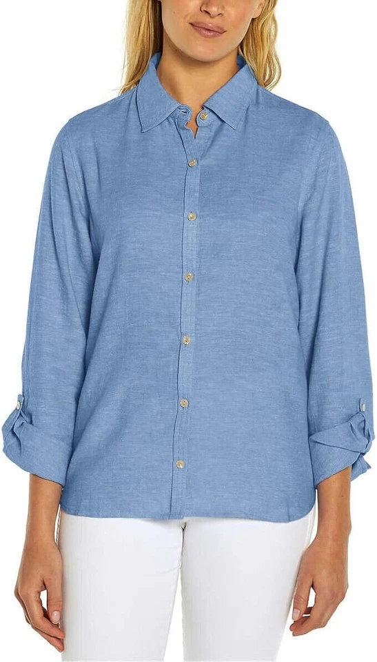Orvis Linen Blend Shirt Top Womens Large Blue Button Down Long Sleeve Roll